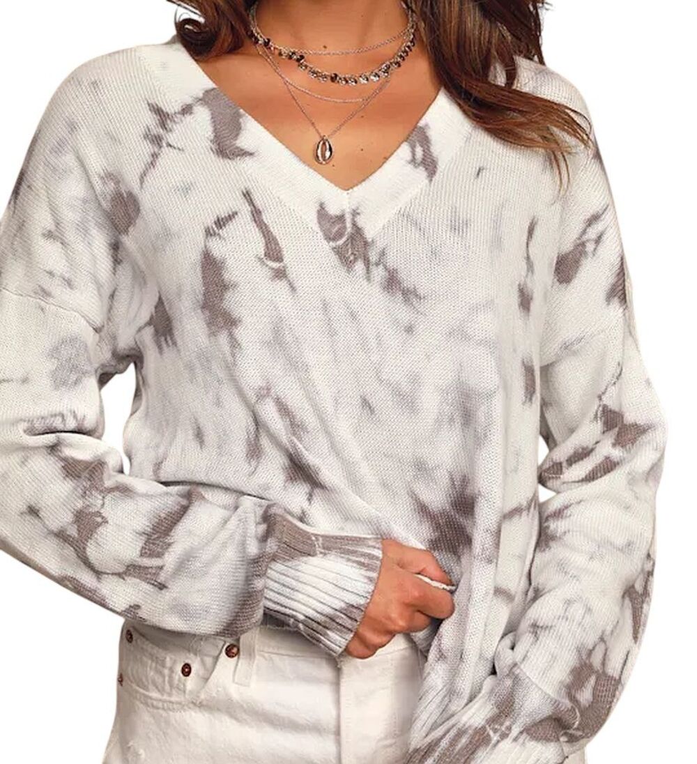 NWT Lulus Chill With Me Cream & Grey Tie-Dye Cotton Knit Pullover Sweater Small